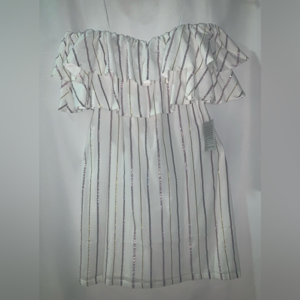 Charles Henry  white off the shoulders striped metallic mini dress